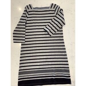 LL Bean Boat‎ Neck 3/4 Sleeve Dress Striped 100% Soft Cotton Gray Navy EUC